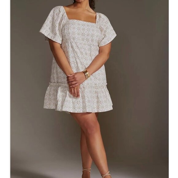 Maeve By Anthropologie Smocked Tunic Mini Dress In Cream & White Sz 1X - Picture 1 of 11